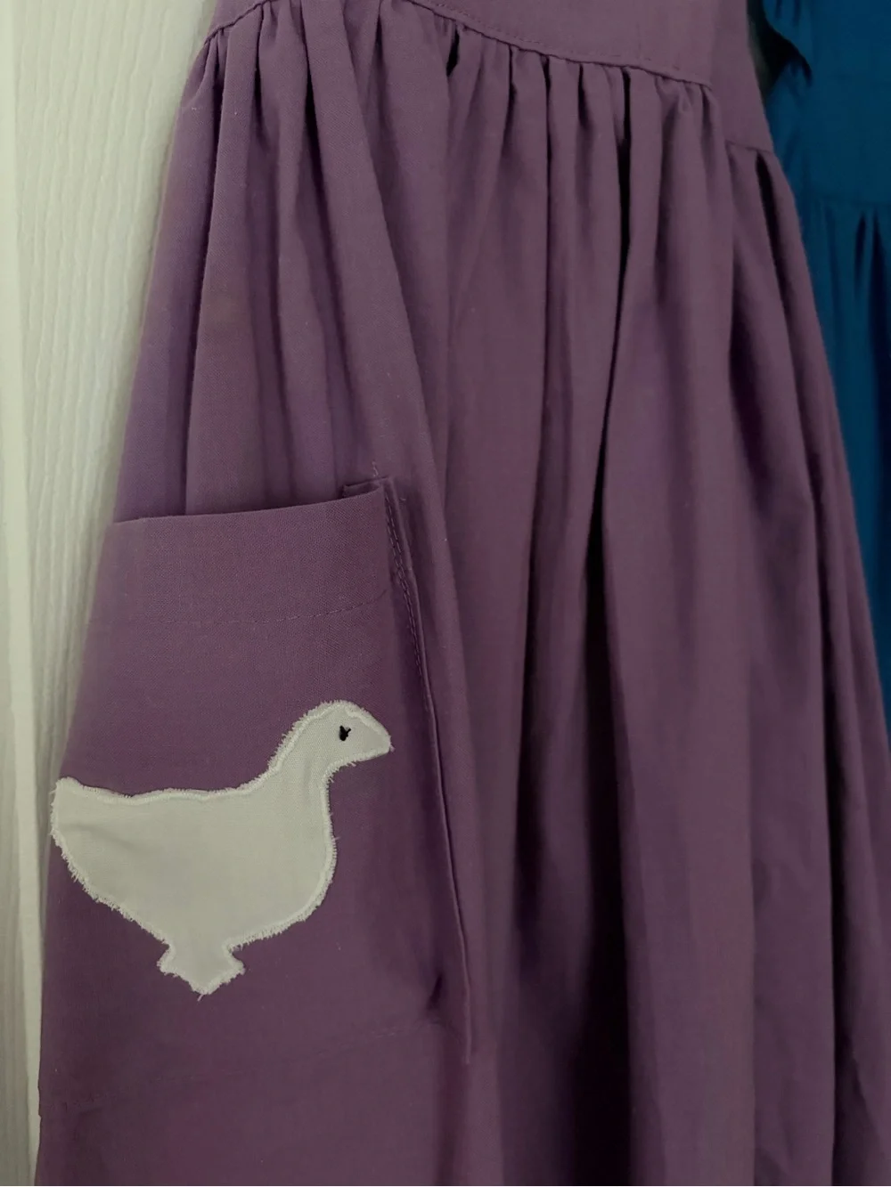 Women’s vintage Handmade Ruffled Apron with Duck Patch - Purple and Blue